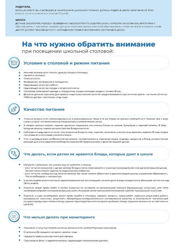 Родительский контроль  Памятка для родителей при организации школьного питания